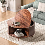 Round Coffee Table, 31.5" Fluted Center Table with Storage, Lift-Top Coffee Table with Adjustable Footpads, Sliding Door, Mid-Century Modern Center Table for Living Room, Small Space (Walnut) BEROXII