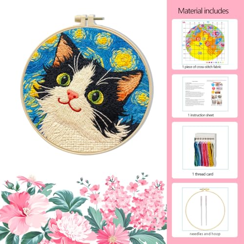 LSLFQYQSK Beginners Embroidery Kits - The Little Cat at Night DIY Cross Stitch Kits,Including,Stamped Flower Patterns,Hoop,Color Threads,Tools (Style C)