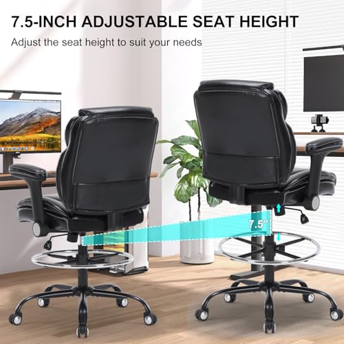 OLYFING Drafting Chair, Tall Office Chair with Adjustable Armrests PU Leather Standing Desk Chair with Adjustable Foot Ring,Comfy Mid-Back High Office Chair for Counter Height Desk, Black OLYFING