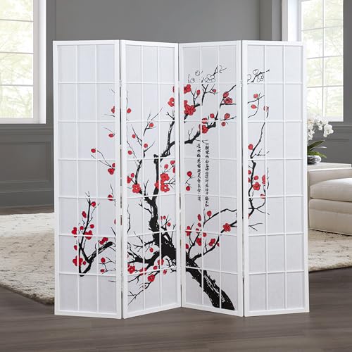 Roundhill Furniture White Japanese 4-Panel Screen Room Divider, Plum Blossom Roundhill Furniture