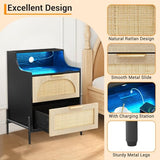 Rattan Nightstand, Modern Bedside Table with Led Lights and 2 Drawers, Black Nightstand with Charging Station, Wooden Bedside Table, Suitable for Bedrooms and Small Spaces, Black IDEALHOUSE