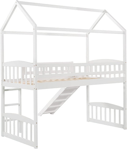 DNYN Twin Size Loft Bed with Slide and Guardrail - Elegant House-Shaped Solid Wood Frame in White - WoodArtSupply