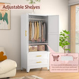 Metal Wardrobe Closet with 2 Doors & 2 Drawers, 71" Tall Armoire Wardrobe Closet with Hanging Rods and Adjustable Shelf, Steel Wardrobe Storage Cabinet for Bedroom-White winiowa