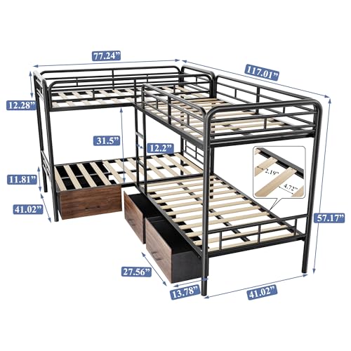 KMBOHE Twin L-Shaped Quad Bunk Bed with Storage Drawers, for 4 Kids/Teens/Adults, Heavy-Duty Metal Corner Bed with Ladder and Full-Length Guardrail, Space Saving Design, No Box Spring Needed, Black KMBOHE