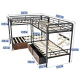 KMBOHE Twin L-Shaped Quad Bunk Bed with Storage Drawers, for 4 Kids/Teens/Adults, Heavy-Duty Metal Corner Bed with Ladder and Full-Length Guardrail, Space Saving Design, No Box Spring Needed, Black KMBOHE