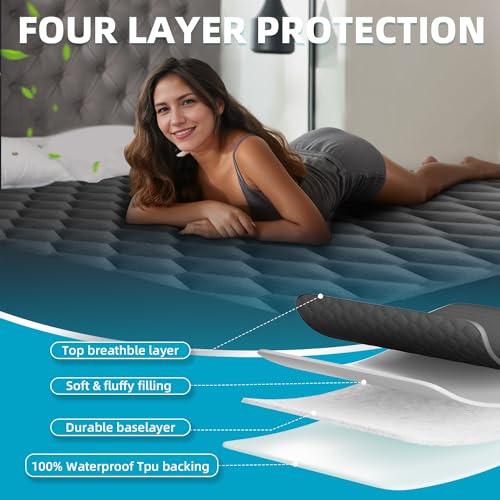 Queen Mattress Protector, Waterproof Mattress Pad Noiseless with Deep Pocket for 8-21 inches Mattress, Soft & Breathable Bed Mattress Cover Washable for Home, Bedroom, Hotel Queen Size (Dark Gray) Kmall