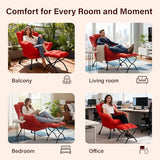 SESHINELL Lazy Chair with Ottoman, Modern Accent Chair Contemporary Sofa Chair with Armrests, Reading Chair and Folding Footstool Set for Living Room, Bedroom, Office, Red SESHINELL