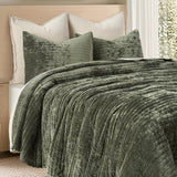 EVERGRACE Velvet Quilt Set King Size, Luxurious Soft Striped Channel Bedding Set, Lightweight Velvet Comforter for All Season, Oversized Bedspread Coverlet with 2 Matching Shams, Olive Green EVERGRACE