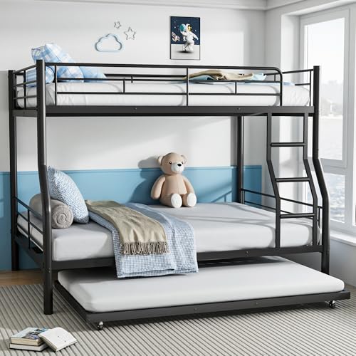 Mixcous Full XL Over Queen Bunk Bed with Trundle, Heavy-Duty Metal Bunk Bed w/Full-Length Guardrail & EVA Padded Ladder, Convertible to 3 Separate Beds for Adults, Teens, Noise-Free, Black Mixcous