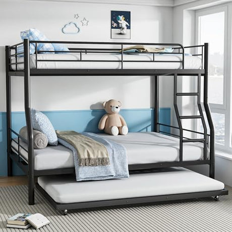 Mixcous Full XL Over Queen Bunk Bed with Trundle, Heavy-Duty Metal Bunk Bed w/Full-Length Guardrail & EVA Padded Ladder, Convertible to 3 Separate Beds for Adults, Teens, Noise-Free, Black Mixcous