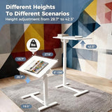 Mobile Standing Desk Adjustable Overbed Table, Pneumatic Height Adjustable Rolling Laptop Desk with Hidden Wheels, 0-180°Tilt Top Rolling Computer Cart Foldable for Home Office, Craft & Study, White Simple Deluxe