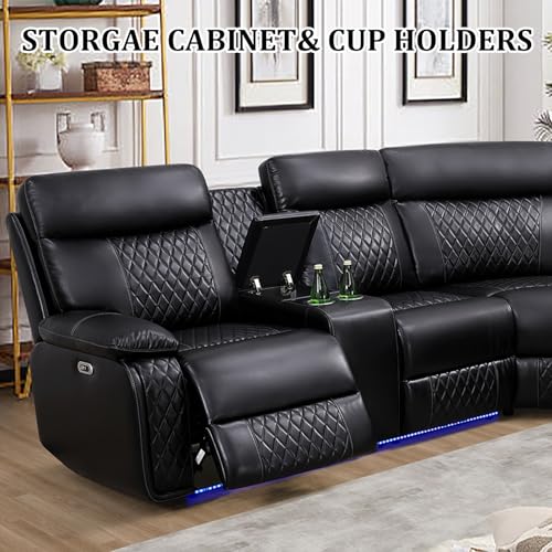 SIENWIEY Power Recliner Sectional Couch for Living Room,Leather Reclining Sectional Sofa with LED Lights, L Shpaed Corner Leather Couch with Storage Console&Cup Holders&USB Charging,Black