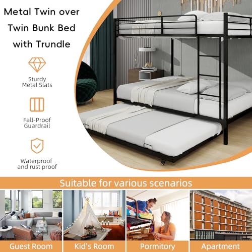 Harper & Bright Designs Heavy Duty Metal Bunk Bed Queen Over Queen with Trundle for 3 Persons, Industrial Bunk Beds Frame with Sturdy Support, Saving Space, Black Harper & Bright Designs