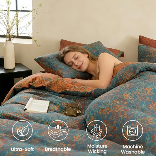 BISELINA 100% Cotton Muslin Duvet Cover Set Queen, 3 Pcs Yarn-Dyed Jacquard Textured Reversible Floral Design, Soft and Breathable Bedding Set with Zipper Closure, Blue Orange BISELINA