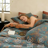 BISELINA 100% Cotton Muslin Duvet Cover Set Queen, 3 Pcs Yarn-Dyed Jacquard Textured Reversible Floral Design, Soft and Breathable Bedding Set with Zipper Closure, Blue Orange BISELINA