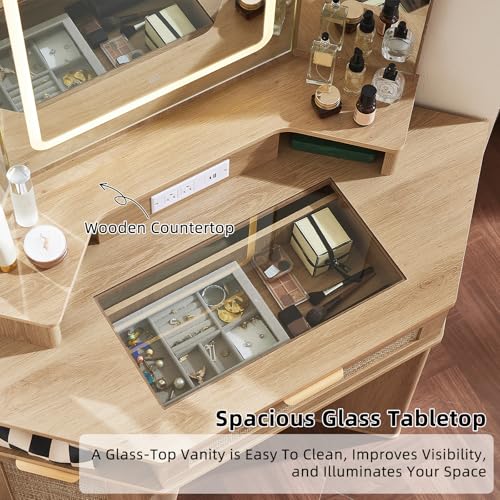 Lerliuo Corner Vanity Desk with 3 Way Mirror and Lights, 46'' Rattan Makeup Vanity with Glass Top Drawer, Natural Wood Make Up Storage Cabinets with Charger for Bedroom Lerliuo