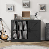 Garvee Record Player Stand Cabinet with Door, Farmhouse Turntable Storage Cabinet with Holder Shelves up to 750 Albums, Wooden CD DVD Table Rack for Living Room, Black Garvee