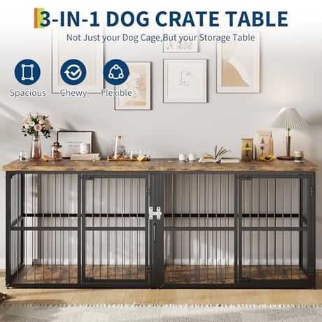Garvee 87 in Extra Large Double Dog Crate Furniture with Divider, Heavy Duty Indoor Double Dog Cage with 3 Doors, XXL Wooden Pet House TV Stand for 2 Pets, Black+Brown Garvee