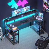 ODK 48 Inch Gaming Desk with LED Lights and Power Outlet, U-Shaped Computer Desk with Monitor Stand and Storage Shelves, PC Gamer Table for Home Office, Carbon Fiber Black ODK