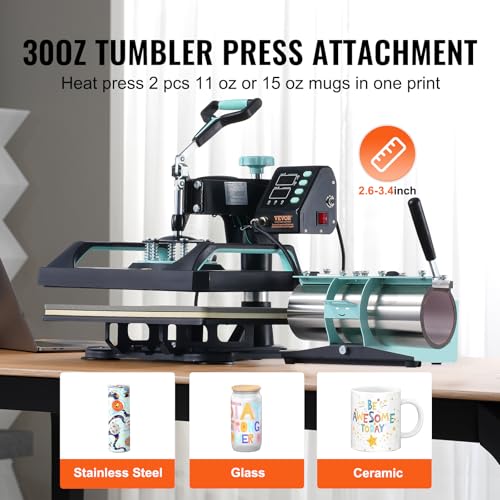 VEVOR 5 in 1 Heat Press Machine Combo with 30 OZ Tumbler Press & Hat Press 12x15 inch Heat Press for T-Shirts, Hats Caps Tumblers Glass Cans Mugs, and Plates (Green & Black) VEVOR