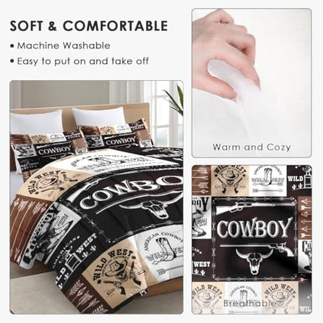 WeCozy Full Size Comforter Set with 2 Pillowcases, Country Retro Animal Soft 3 Pcs Bedding for Kids and Adults, Vintage Cowboy Western Comforter Set for Bedroom Bed Decor WeCozy