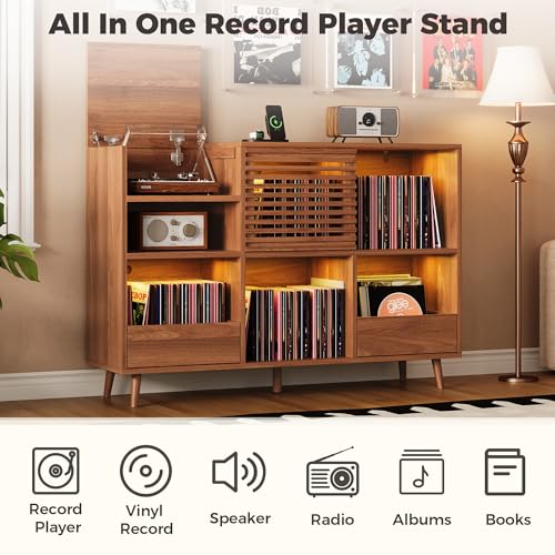 IRONCK Mid Century Modern Record Player Stand, Holds 1000+ Vinyl Records with 2 Drawers, Large Turntable Stand with Charging Station & LED Light, Suitable for Living Room & Entertainment Room, Brown IRONCK