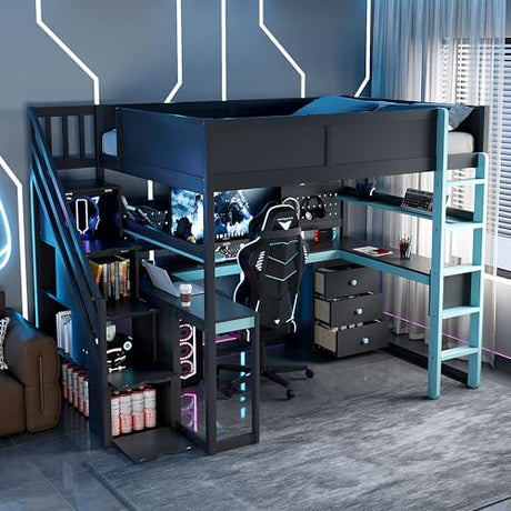 FUvellamo Full Size Gaming Loft Bed with Desk, Wood Gaming Loft Bed Frame with Storage Stairs, Drawers, Shelves & Pegboard, Esports Gaming Loft Bed for Kids, Teens, Adults, Black+Blue FUvellamo