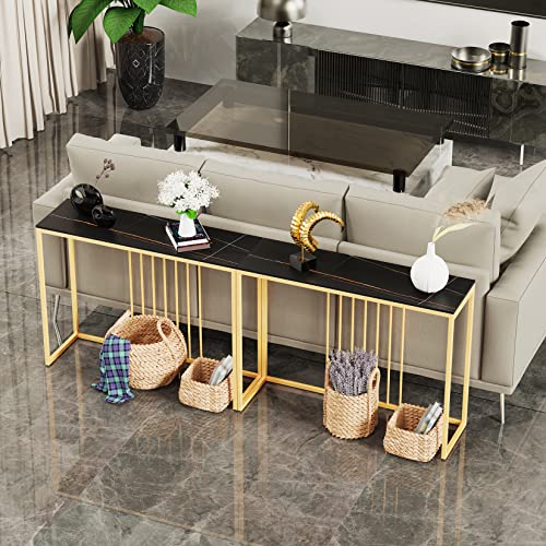 Wisfor Sintered Stone Entryway Console Table: Black Marble Tabletop Long Table with Golden Frame - Narrow Side Table Behind Sofa for Hallway Foyer, 40x12x31 inch Wisfor