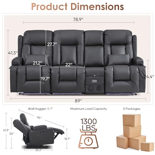 TUNYI Wall Hugger Loveseat Recliner Sofa with Console, Power Reclining Loveseat RV Couch with Massage & Heat/USB/Outlet/Storage/LED Light/Speaker (Light Grey, 3 Seat with Console)