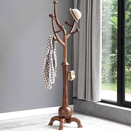 Coat Rack Freestanding Wood Tree Rack with 8 Hooks, Creative Design Tree Branch-look, Coat Tree Clothes Hanger Stand with Stable Sphere Base for Entryway, Hallway, Bedroom - Load 160lbs (Walnut Brown)