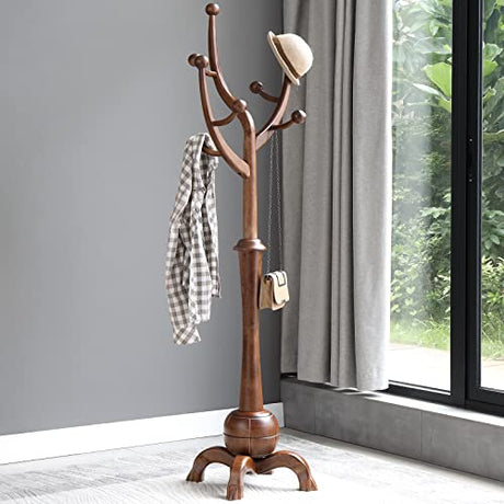 Coat Rack Freestanding Wood Tree Rack with 8 Hooks, Creative Design Tree Branch-look, Coat Tree Clothes Hanger Stand with Stable Sphere Base for Entryway, Hallway, Bedroom - Load 160lbs (Walnut Brown) Bekrvio