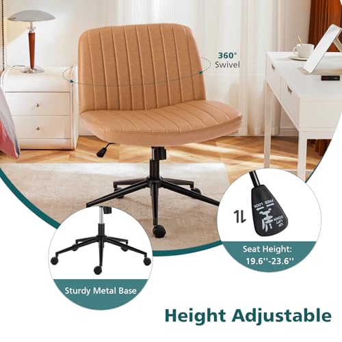 OLIXIS Criss Cross Chair with Wheels Wide Cross Legged Office Desk Vanity Chair Comfy Fabric Armless Adjustable Swivel for Home Computer Task PU Brown OLIXIS