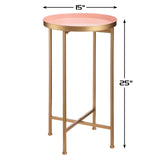 HollyHOME Small Round Metal End Table, Accent Indoor&Outdoor Coffee Side Table, Snack Sofa Table for Living Room, Anti-Rust Decorative Plant Stand, (D) 14.5" x(H) 25", Gold&Pink HollyHOME
