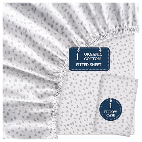 LANE LINEN 100% Organic Cotton Twin Fitted Sheet & Pillowcase Set, Percale Weave, Lightweight, Breathable, Fits Mattress Up To 15" Deep - White (Grey Dot) (No Flat Sheet) LANE LINEN