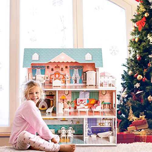 ROBUD Wooden Dollhouse for Kids Girls, Toy Gift for 3 4 5 6 Years Old, with Furniture ROBUD