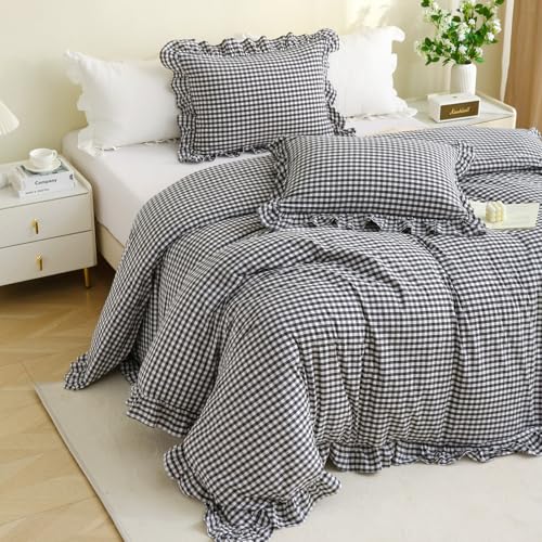 Silnuo Black/White Checkered Ruffle 3-Piece Duvet Cover Set Full Size,Washed Cotton Shabby Gingham Plaid Bedding Set Farmhouse Comforter Set(Full,Black/White) Silnuo