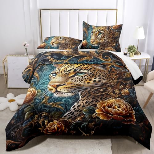Raphus cucullatus Gold Cheetah Comforter Set King,Tropical African Animal 3D Leopard Bedding Black Bed,Gold Rose Quilt Bedding Cheetah,Leopard King Size Quilt Set Raphus cucullatus