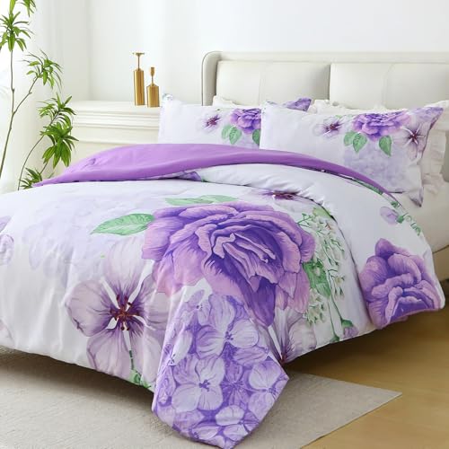 Heymybed Floral Comforter Set Queen Size, 3 Pieces Elegant Purple Floral Bed in a Bag, Soft Microfiber Botanical Flower Bedding Set with 2 Pillowcases for All Season 90"×90" Heymybed