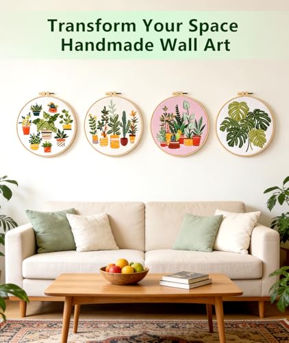 Irosiy 4 Pack Embroidery Kit for Beginners - 4 Cute Plant Pot Patterns, All-Inclusive Starter Set with Pre-Printed Canvas, Hoops - Handmade Home Decor Gift for DIY Craft Lovers Irosiy
