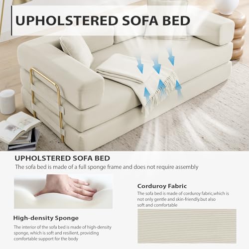 4-in-1 Folding Convertible Sofa Bed, 78 Inch Boneless Couch with Fixed-Shape Frame, Corduroy Loveseat Sleeper with Pull Out Bed, Floor Sofa Modular Futon Couch for Living Room Bedroom Lounge (Beige) ivoros