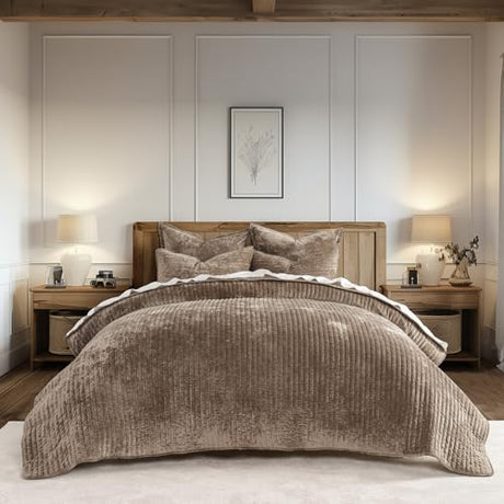EVERGRACE Velvet Quilt Set Queen Size, Luxurious Soft Striped Channel Bedding Set, Lightweight Velvet Comforter for All Season, Oversized Bedspread Coverlet with 2 Matching Shams, Mocha Brown EVERGRACEHOME