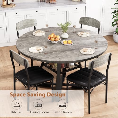 Round Dining Table Set for 4, Kitchen Table and Chairs for 4, Circle Table Round Pedestal Dining Room Dinner Dinette Table Set,5 Piece Space Saving Wood Kitchen & Dining Room Tables (Grey, 42In) Jocoevol