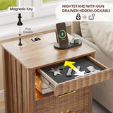 Dystler Fluted Night Stand with Gun Drawer, Wood Nightstand with Charging Station and Human Sensor, Modern Bedside Table with LED Light and Storage Shelf for Bedroom, Natural Dystler