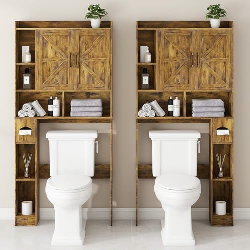 Over The Toilet Storage Cabinet, Farmhouse Storage Cabinet Over Toilet with 2 Barn Door & Toilet Paper Holder Stand，Home Space-Saving Toilet Rack, for Bathroom, Restroom, Laundry