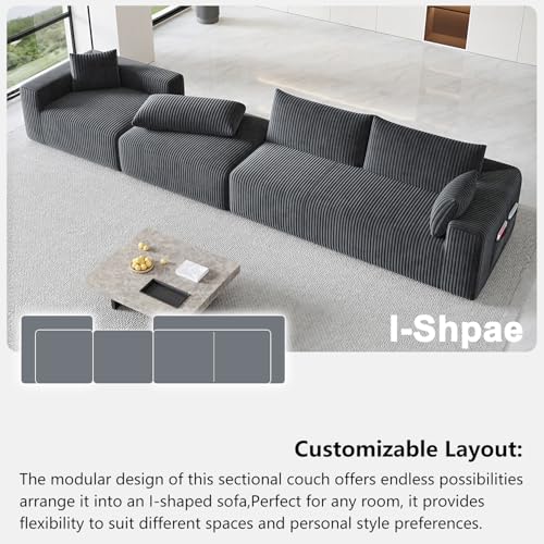 Domiqut 108”Modern Modular L-Shape Couch with Chaise, Modular Sectional Couches for Living Room, Deep Seat Boneless Sofa Bed, No Assembly Required Sleeper Sofa, Plush Corduroy Fabric, Dark Gray Domiqut