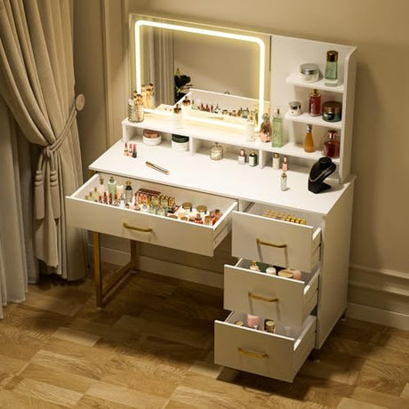 COMHOMA Vanity Desk with Mirror and Lights, Makeup Vanity Table with 4 Drawers & Storage Shelves, Large HD Mirror, 3 Color Modes & Adjustable Brightness, Modern Dressing Table for Bedroom, White/Gold COMHOMA