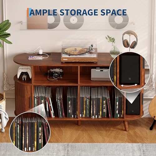 Garvee 55'' Fluted Mid Century Modern Turntable Cabinet, Large Round Record Player Stand with Charging Station and Display Shelf, Arched Wood Record Player Table for Living Room Garvee