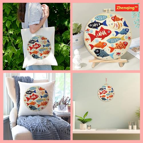 Zhenqing Colorful Fish Embroidery Kit for Beginners - Complete Set with Pre-Printed 29x29cm Cotton Fabric, Hoop, Threads & Tools (C0059)