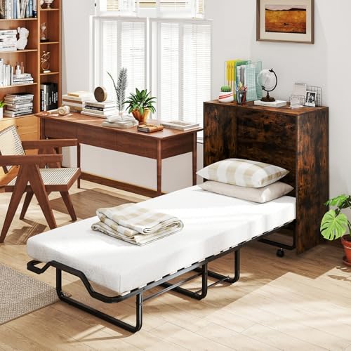 Giantex Murphy Bed Cabinet with Mattress Included, 74" x 31" Cot Size Fold Out Bed with Storage & Lockable Wheels, Metal Frame, 2 in 1 Roll Away Bed with Mattresses for Adults Guests Giantex