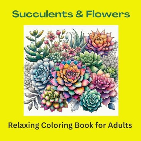 Relaxing Coloring Book For Adults: Succulents & Flowers, a variety of aloes, jade, echeverias, beautiful flowers and other botanicals. WoodArtSupply